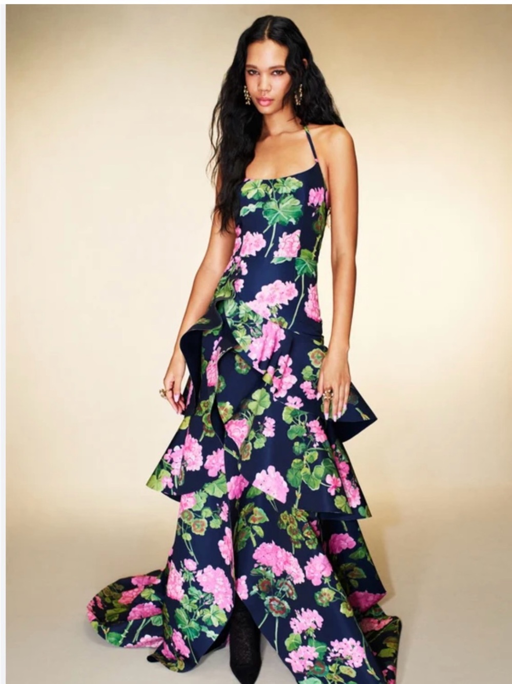 Oscar de la Renta Ruffle Geranium Faille Halterneck Gown in Pink/Navy